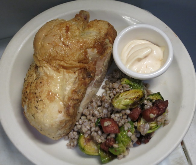 Cold half Washington natural free-range chicken with a cold salad of buckwheat groats, Brussels sprouts, smoked jowl bacon and a roasted shallot vinaigrette