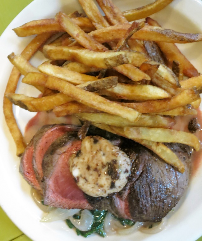 Our 100% grass fed beef petit sirloin steak, served with red wine braised green chard and fig butter