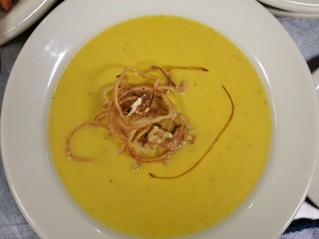 Roasted winter squash and apple soup, with toasted walnuts, walnut oil and crispy shallots