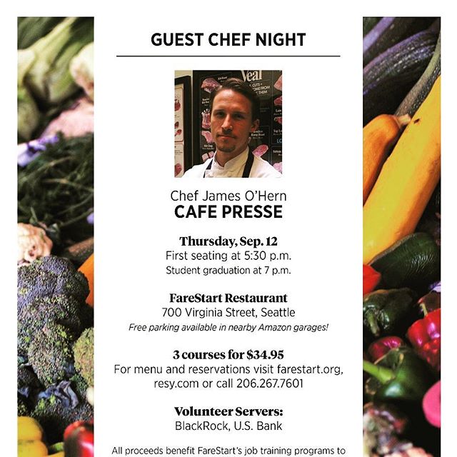 Don't miss it! Farestart Guest Chef Night with Café Presse and Chef de Cuisine James O' Hern.  See you there!
#cafepresseseattle #casualfrenchdining #farestart